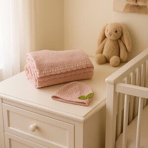 Pink knitted baby alpaca blanket hand made with matching cap